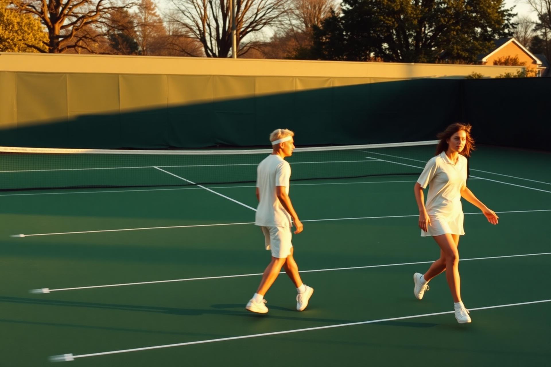 Players warming up on a forest-green all-weather court at golden hour
