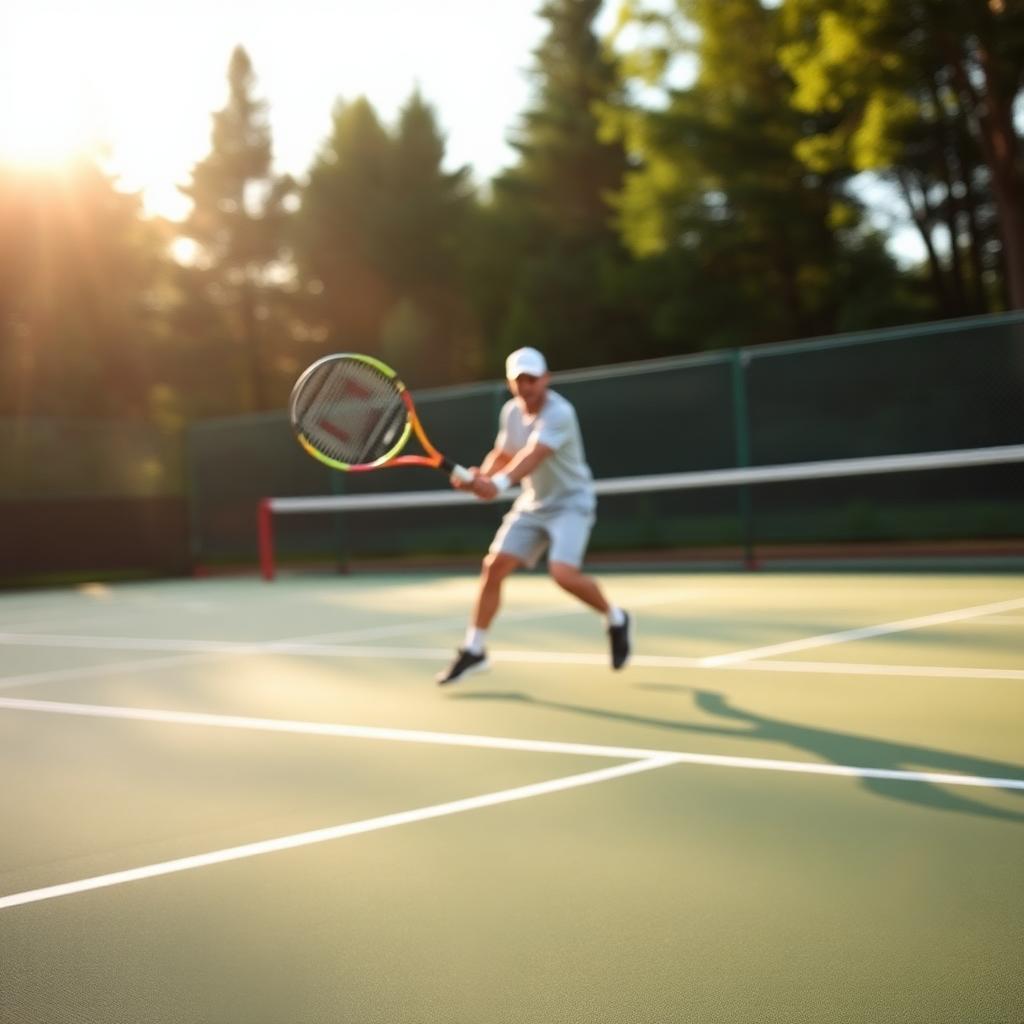 Player mid-swing on a forest-green all-weather court at golden hour